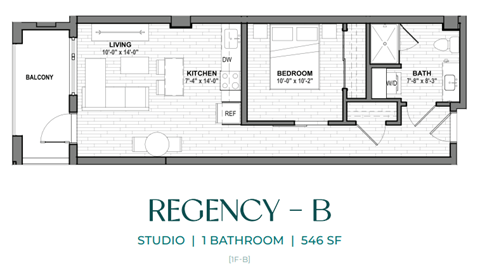 A floor plan of a studio apartment with one bathroom and 1546 square feet.